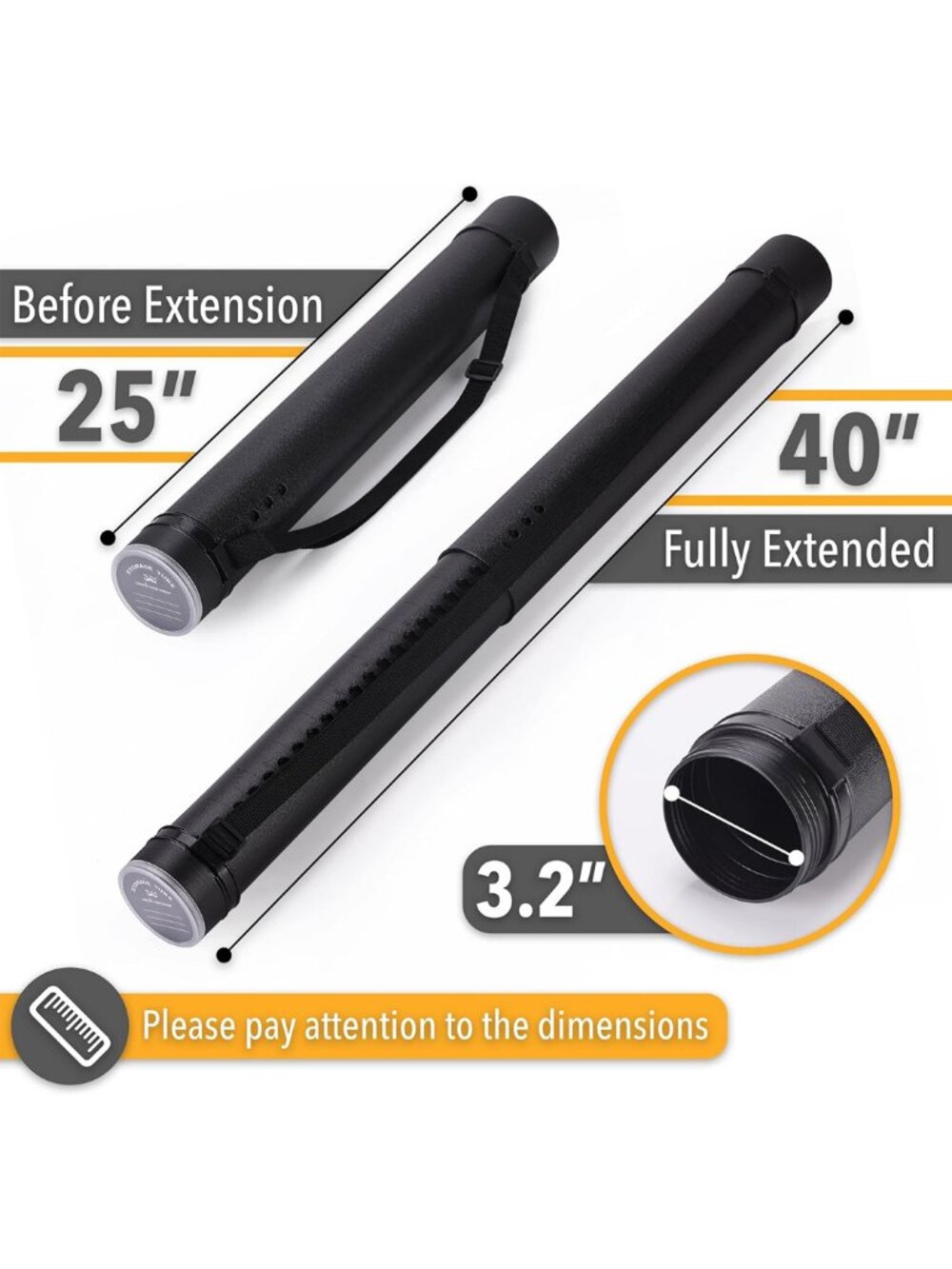Poster Storage Tube with Strap, 25"-40" Extendable Black NEW - Picture 6 of 8